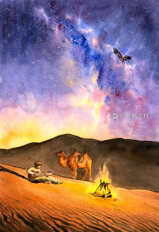 水彩画-银河下的沙漠骆驼