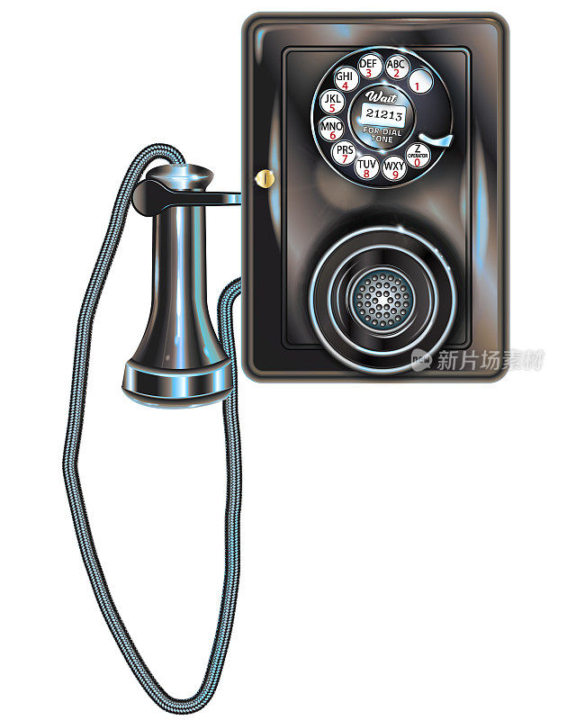 这是大约1930年的复古黑色墙壁电话，用塑料胶木制成，用纺织品覆盖的电线。