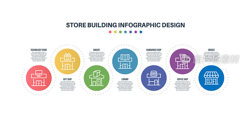 信息图设计模板与商店建筑的关键字和图标