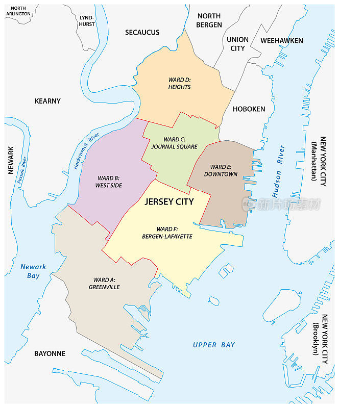 美国新泽西州泽西市矢量Ward地图