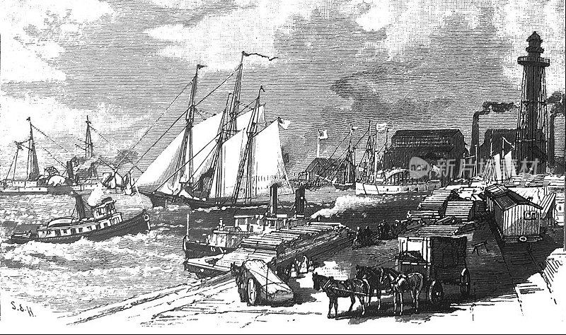 古董插图-芝加哥河入口-芝加哥伊利诺斯州-帆船、汽船、马车