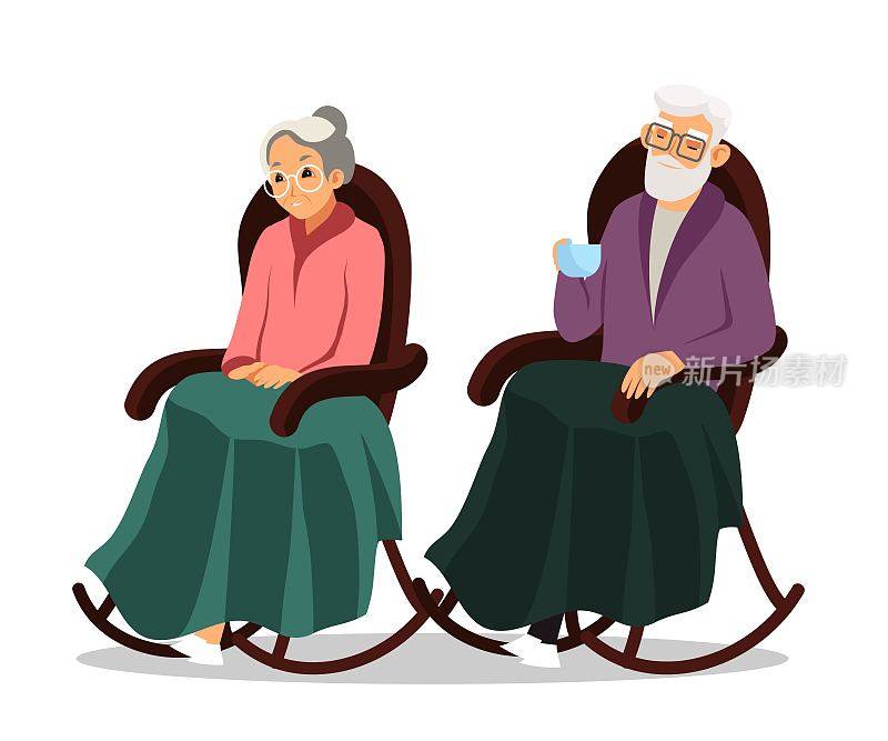 老奶奶和爷爷坐在扶手椅上。一对快乐的老年夫妇坐在客厅的摇椅上。放松退休矢量插图。奶奶和男人在一起相爱