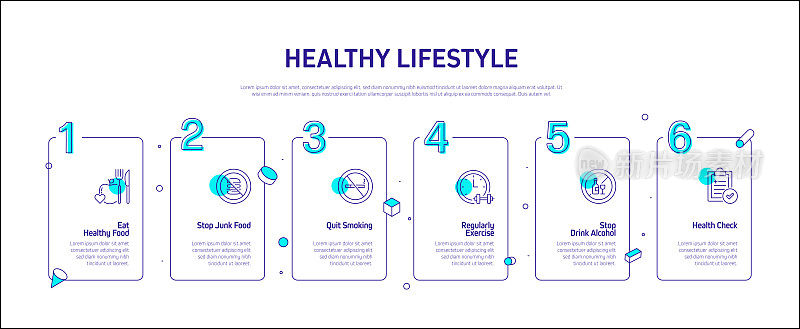 健康生活方式相关过程信息图表模板。过程时间图。使用线性图标的工作流布局