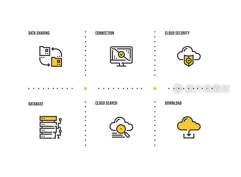 信息图设计模板。数据共享，连接，云安全，数据库，云搜索，下载图标6个选项或步骤。