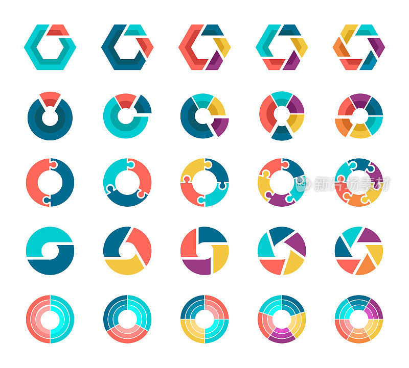彩色饼图收集2,3,4,5,6节或步骤。