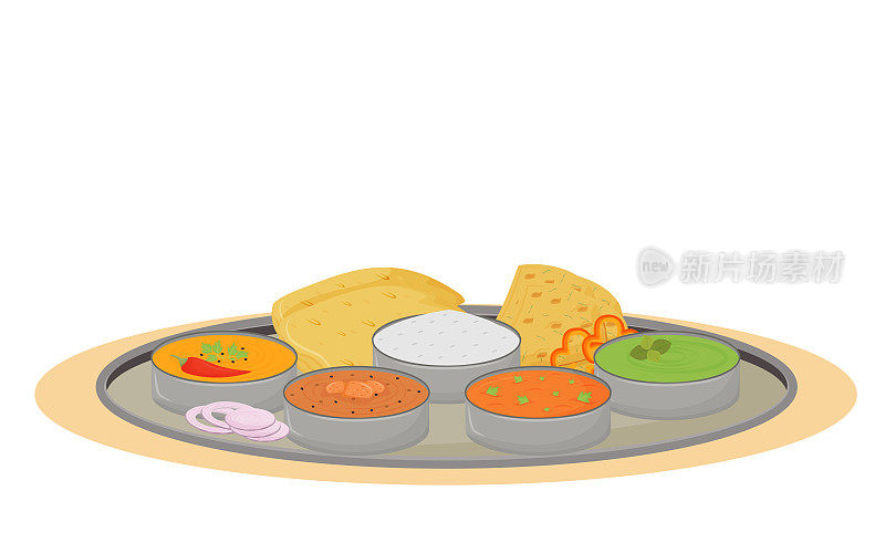 塔利卡通矢量插图。印度传统菜肴，用金属盘子配餐平色物体。餐厅食物部分服务，钢托盘上的佳肴孤立在白色的背景