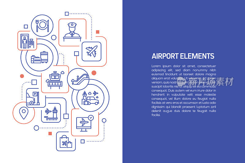 机场元素概念，机场元素矢量插图与图标