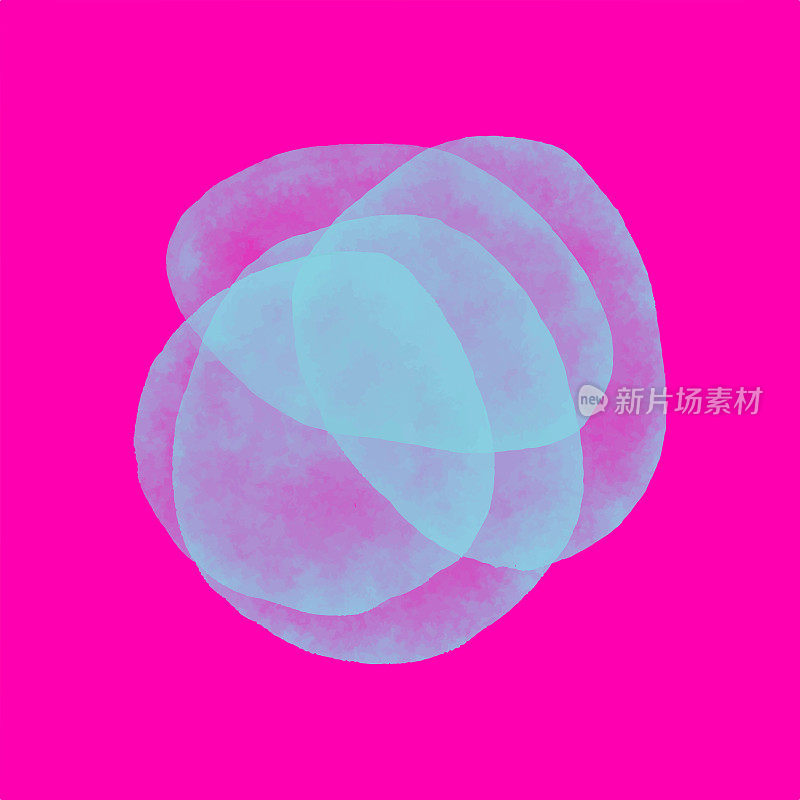 亮蓝色水彩圈飞溅孤立的粉红色背景。水彩圆圈或斑点抽象背景。贺卡和标签的设计元素。水彩飞溅多层半透明效果。