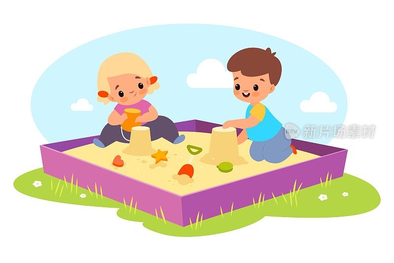 孩子们在沙箱。快乐的男孩和女孩在户外玩沙子和玩具，孩子们用塑料模具和桶做蛋糕，宝宝们在操场上玩游戏。矢量卡通孤立概念