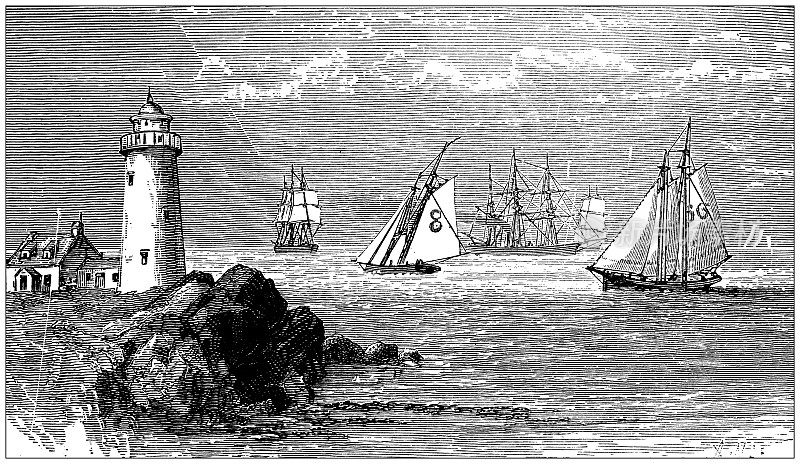 从学校地图集古董插图:灯塔和引航船