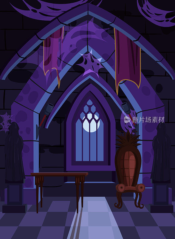 室内废弃的古老的黑暗城堡宫殿，可怕的trone，窗户，月亮，蜘蛛网。午夜恐怖的万圣节场景。矢量卡通风格插图