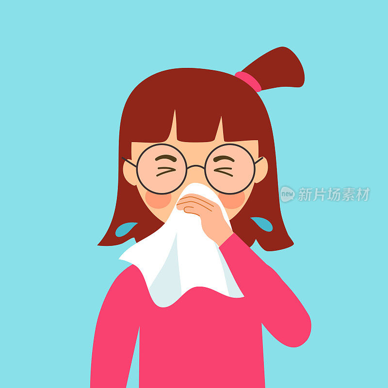 一个患流感的女孩。悲伤的孩子们用手帕或纸巾打喷嚏。流感或感冒过敏症状卡通。流感的治疗。