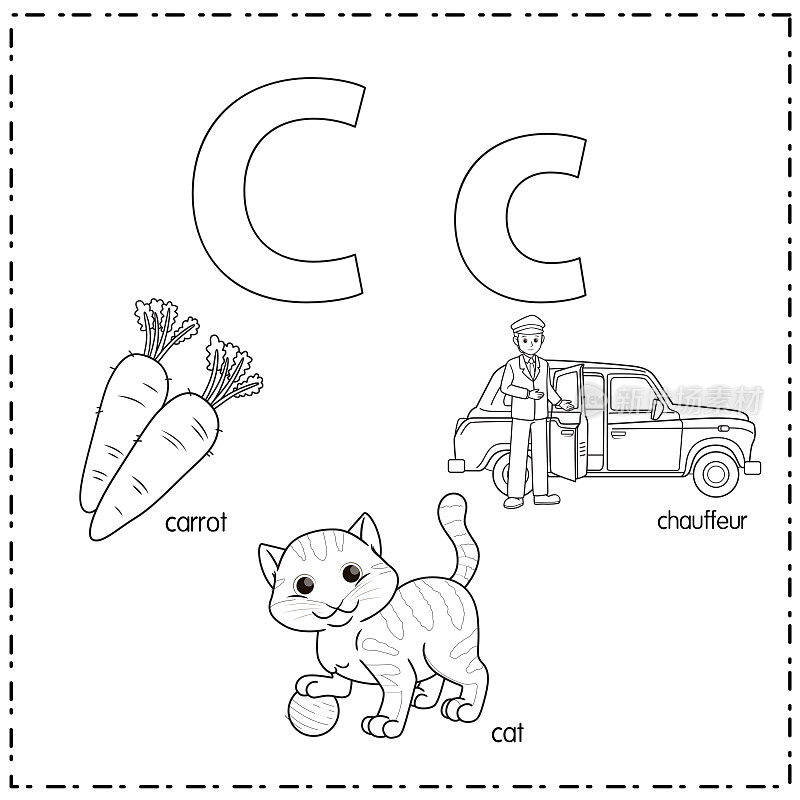 向量插图学习字母C的小写和大写的儿童与3卡通图像。胡萝卜猫司机。