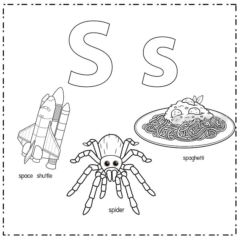 向量插图学习字母S的小写和大写的儿童与3卡通图像。航天飞机蜘蛛意大利面。