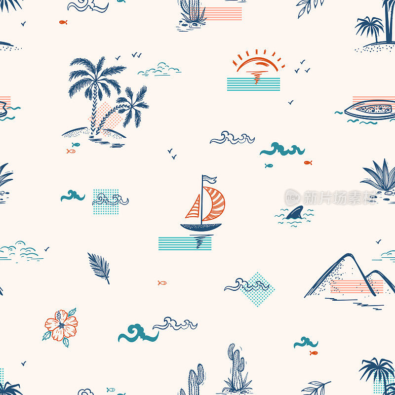 假期的主题。夏季海景无缝图案。棕榈树，岛屿，海浪，帆船，热带植物和阳光明媚的黎明。矢量图