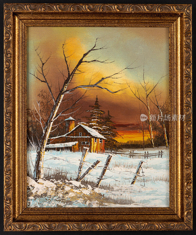 框乡村日落冬季风景油画