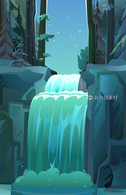 嘈杂的景观与瀑布之间的岩石。级联向下闪闪发光。水的流动。漂亮的卡通风格。平面设计。夜间的黑暗时期。向量