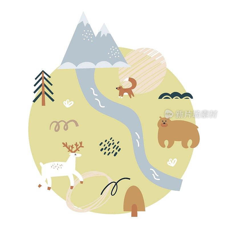 动物在大自然和山区河流。卡通地图儿童幼儿园海报印刷孤立在白色背景。矢量图