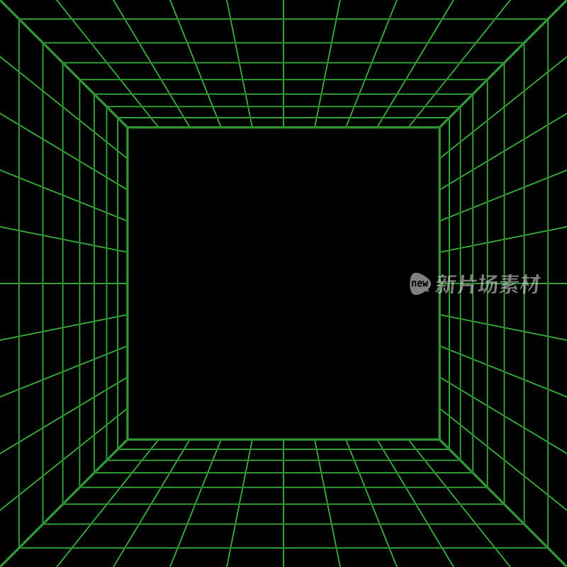线框视角多维数据集。三维线框网格室。三维透视激光栅格。网络空间黑色背景与绿色网格。虚拟现实中的未来数字走廊空间。矢量图
