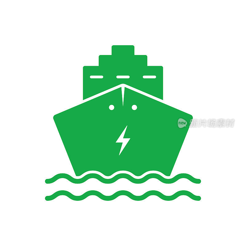 电船剪影绿色图标。电动货船象形图。船舶替代生态运输图标。货运、客运生态海事标志。孤立的矢量图