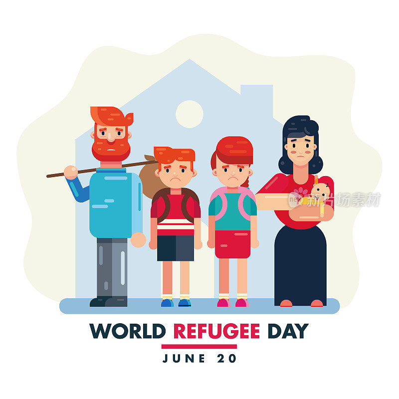 世界难民日6月20日，在战争危机中的人们的家庭矢量插图海报横幅设计