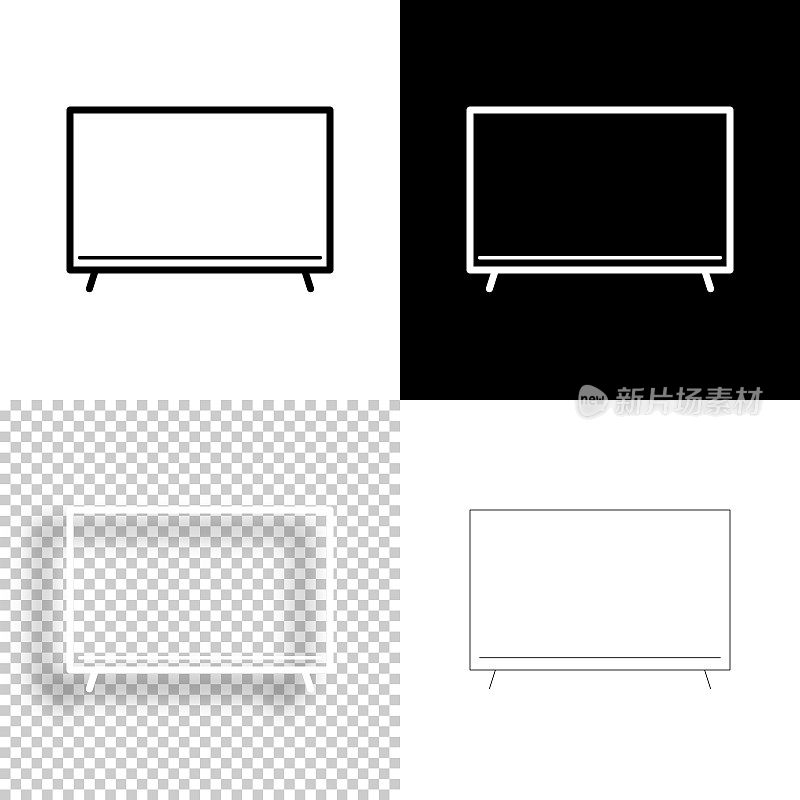 电视。图标设计。空白，白色和黑色背景-线图标