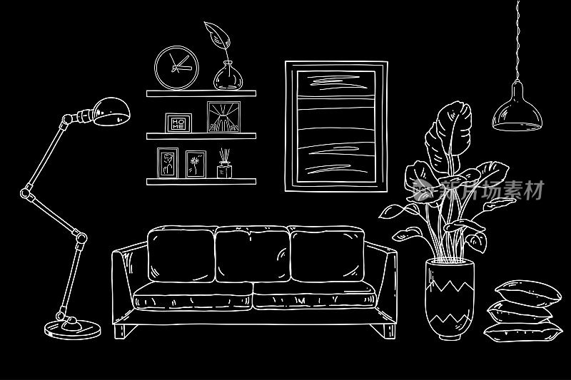 客厅矢量草图。室内设计与沙发，灯，壶，家庭植物，枕头，框架。