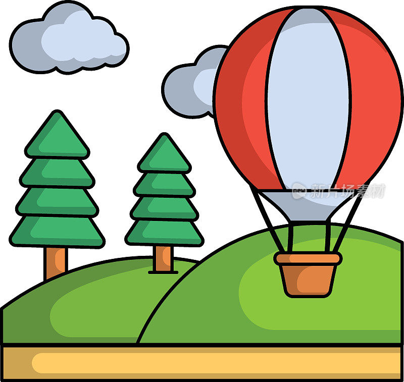 热气球乘矢量颜色图标设计，旅行和旅游符号，假期和假期标志，发现和探索股票插图，热气球概念