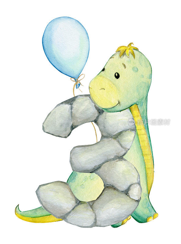 可爱的恐龙，字母，石头，气球。水彩剪贴画，为了节日，三岁生日。