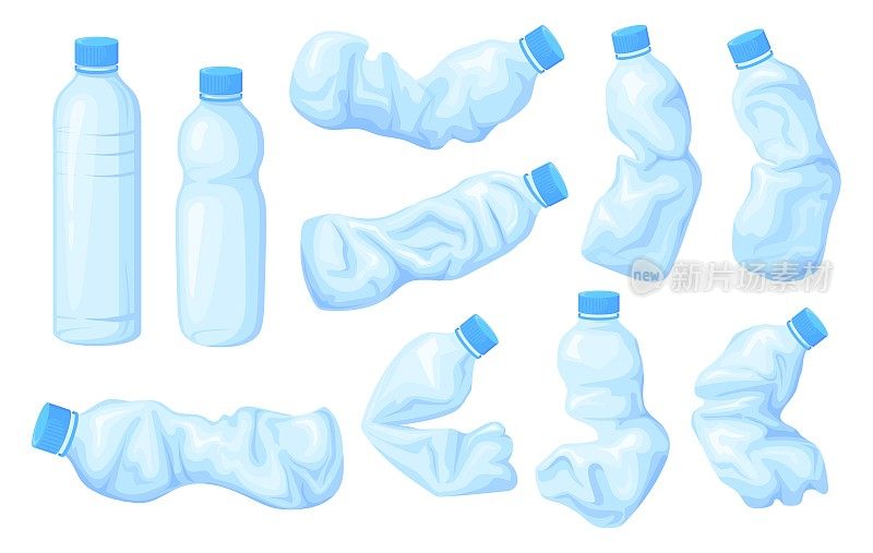 皱巴巴的瓶子。不卫生的塑料压碎瓶装水，废旧瓶装垃圾垃圾垃圾塑料废弃海洋垃圾污染环境，整齐的矢量插图