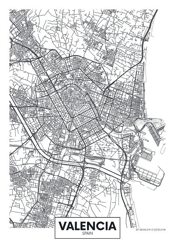 瓦伦西亚城市地图，旅游矢量海报设计