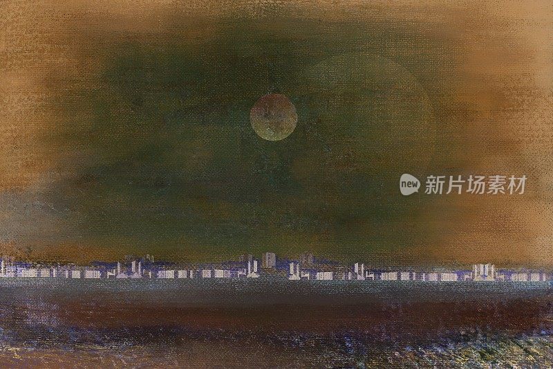 神奇的水平背景，城市上空有一个星形圆盘