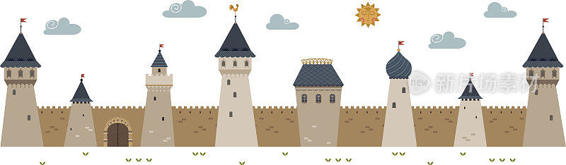 边塞的城墙和塔具有民间传说的风格。在向量。