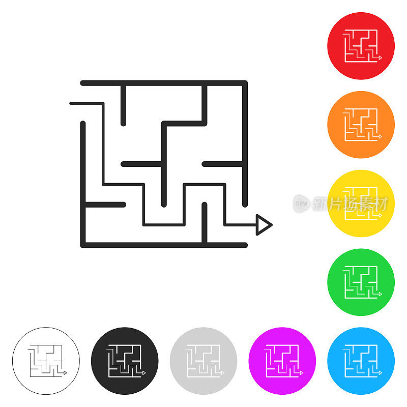 迷宫和解决方案。彩色按钮上的图标