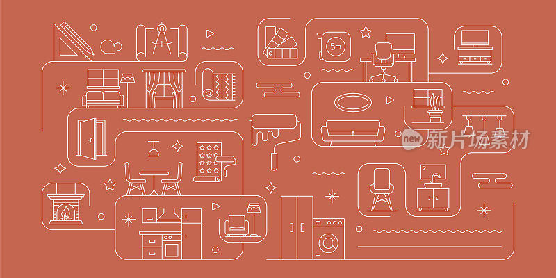 家居装饰和室内设计相关矢量横幅设计概念，现代线条风格与图标