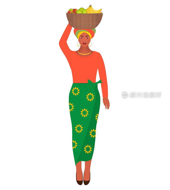 非洲妇女，头上顶着装满水果的篮子，矢量插图