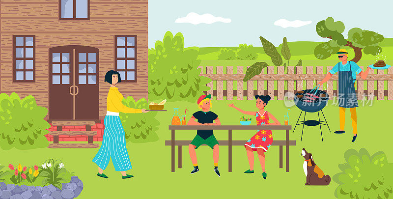 可爱的家庭人物聚在一起放松烧烤晚餐，惬意的烧烤时光，后院美食集合平面矢量插画。