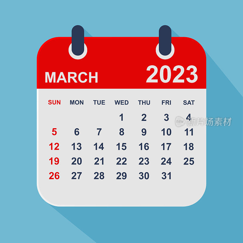 2023年3月月历叶。一周从周日开始。业务矢量图