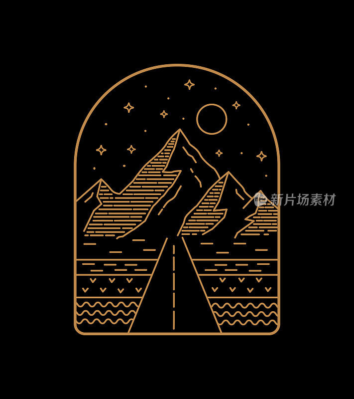 山道景观插画单线艺术、贴片徽章设计、徽章设计、t恤设计