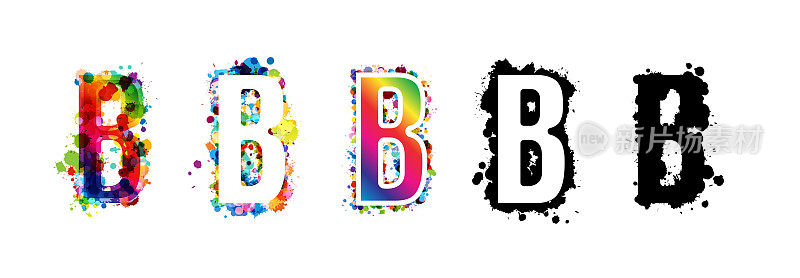 字母B用彩虹和黑色颜料飞溅的装饰元素。彩色B字母象征集合。艺术风格的矢量插图。