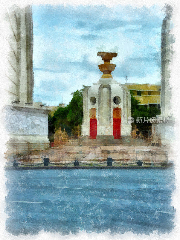 泰国曼谷民主纪念碑景观水彩风格插画印象派画作。