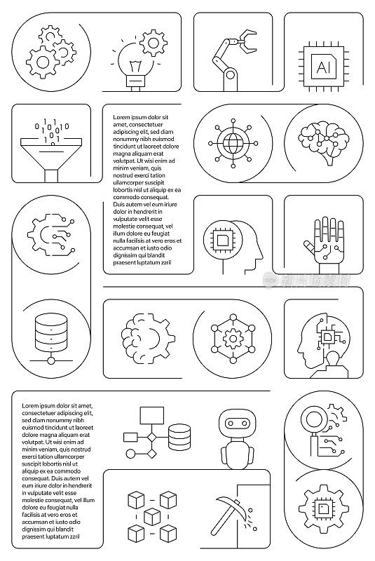 机器学习相关矢量横幅设计概念，现代线风格与图标