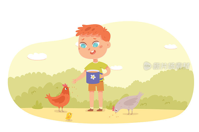 快乐的男孩喂公鸡，母鸡和小鸡在村庄矢量插图。卡通小鸡一家人在大自然里吃着五谷杂粮，农场夏天干活照顾家畜家禽的可爱小农