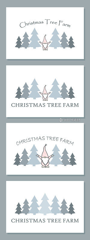 一套卡片，圣诞树农场平面矢量插图与斯堪的纳维亚侏儒，图形邀请或礼品卡制作