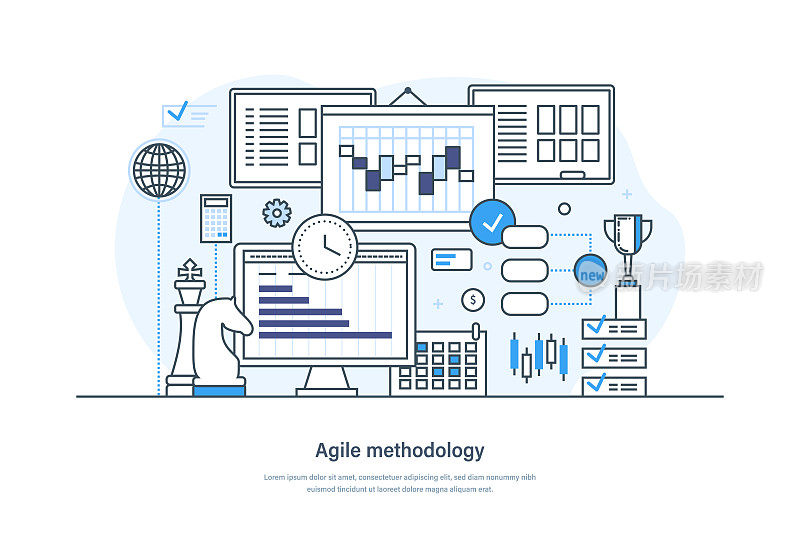 敏捷方法论，项目管理和软件开发网页旗帜。敏捷scrum生命周期过程，需求，开发，调试，测试，软件细线设计