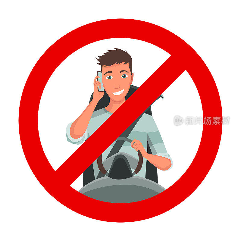开车时打电话。安全驾驶规则。不要使用手机。注意看路。年轻人在打电话或使用智能手机。禁酒令红牌孤立在白底上