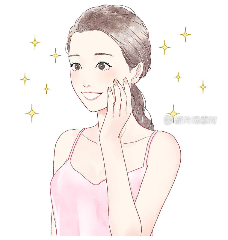 一个女人触摸她的脸颊和微笑的插图。