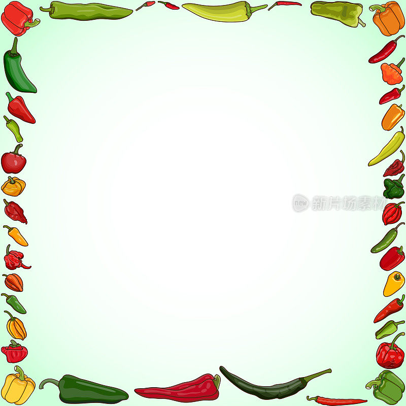 方形横幅上有不同类型的辣椒。甜辣椒。微辣，中辣，小辣辣椒。蔬菜。卡通风格。矢量插图隔离在白色背景上。模板。