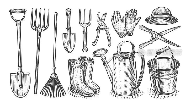 花园设备。干草叉，铁锹，耙子，喷壶，水桶，园艺剪刀，帽子，靴子，手套。工具集