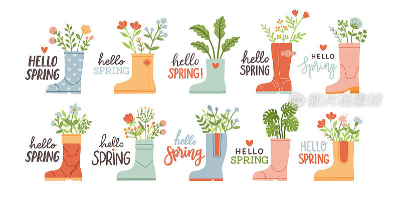 你好,春天。可爱的雨靴与花卉植物。手绘春印，卡片，海报。手写字体